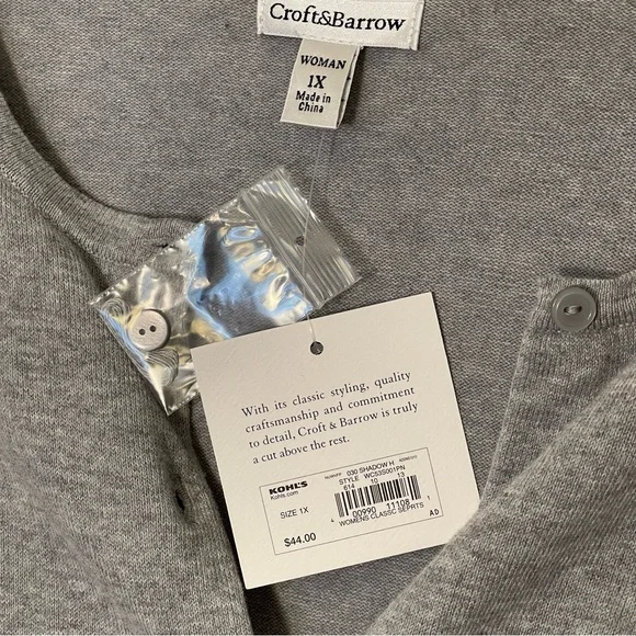 CROFT & BARROW Gray Cardigan Button Down Long Sleeve Top Sweater Plus Sz 1X NEW - Picture 2 of 8